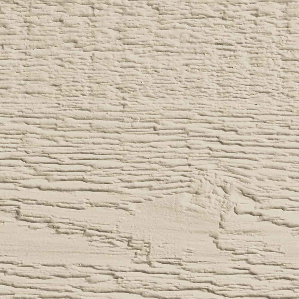 Close-up of light beige textured wood grain siding surface.